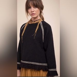 Anthropologie MOON RIVER Raglan Sleeve Textured Wool Boucle Knit Fringe Small